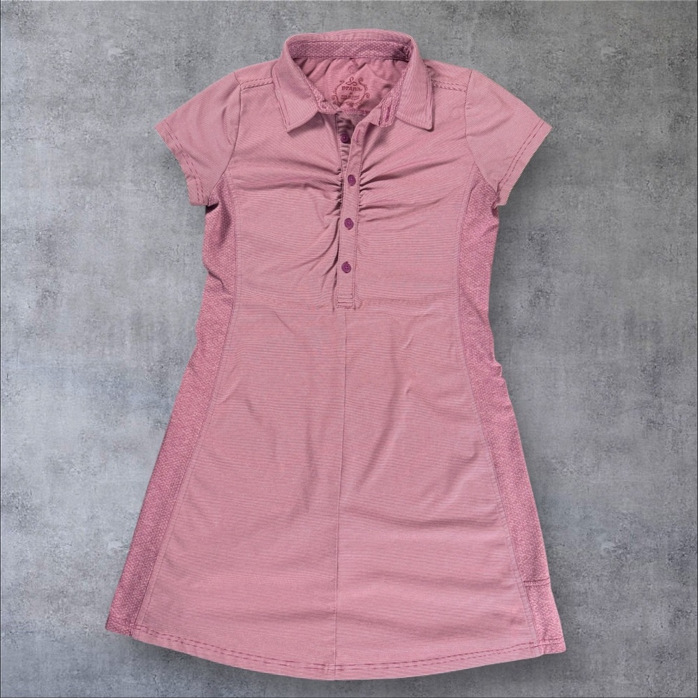 prAna Kinley Pink Striped Performance Polo Shirt Dress in Vivid Viola Size M